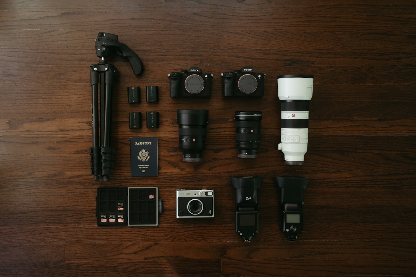 Professional photography equipment arranged on a table